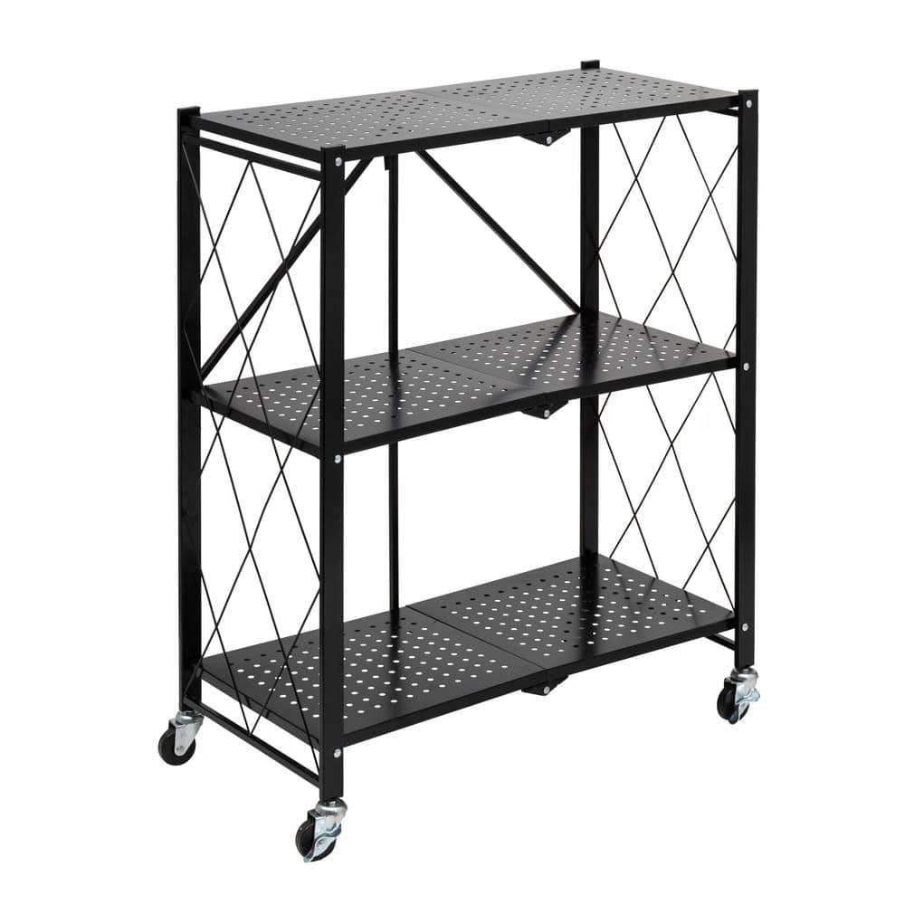 3-Tier Steel 4-Wheeled Collapsible Utility Cart in Black