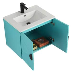 Pellabay 24 in. Floating Bath Vanity in Tiffany Blue with White Ceramic Sink Top Assembled