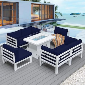 7-Piece Large White Aluminum Patio Sectional Fire Pit Set, Navy Blue Cushions and 55,000 BTU Fire Pit Table