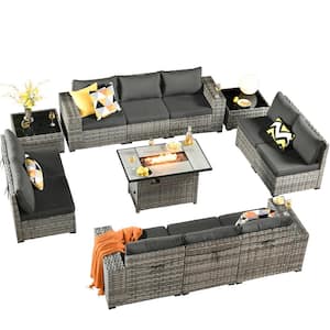 Crater Grey 13-Piece Wicker Wide-Plus Arm Outdoor Fire Pit Patio Conversation Sofa Set with Black Cushions