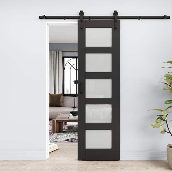 24 in. x 80 in. 5-Lite Frosted Glass Black Finished MDF Sliding Barn Door with Hardware Kit and Soft Close for Bathroom