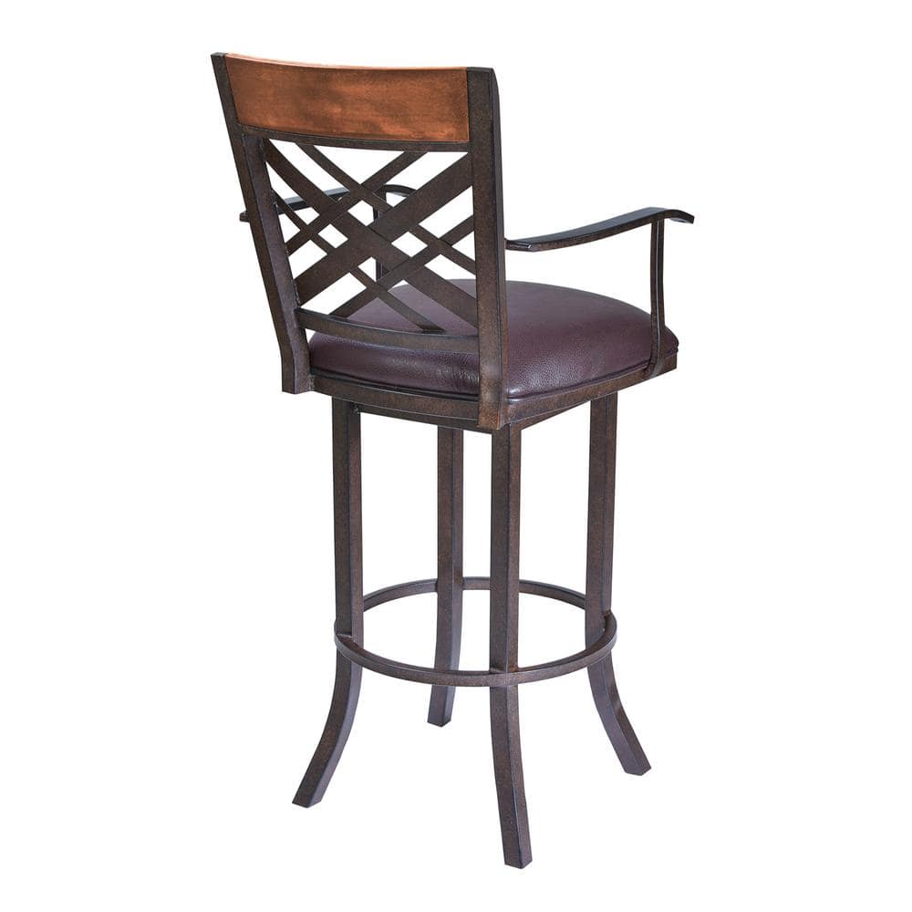 Brown Metal and Leather Swivel Counter Stool with Armrests