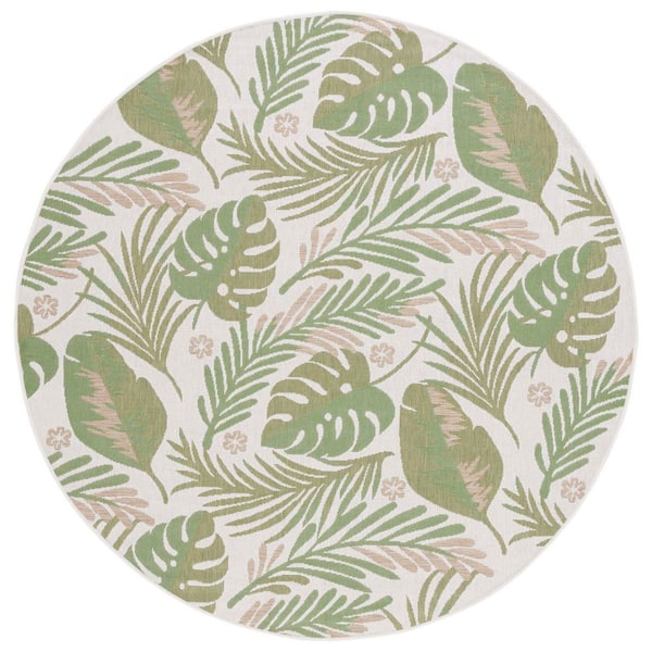 Courtyard Ivory/Green 7 ft. x 7 ft. Leaves Modern Indoor/Outdoor Round Area Rug