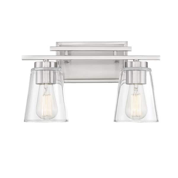 Savoy House Calhoun 14.63 in. W x 8.75 in. H 2-Light Satin Nickel Bathroom Vanity Light with Clear Cone Glass Shades