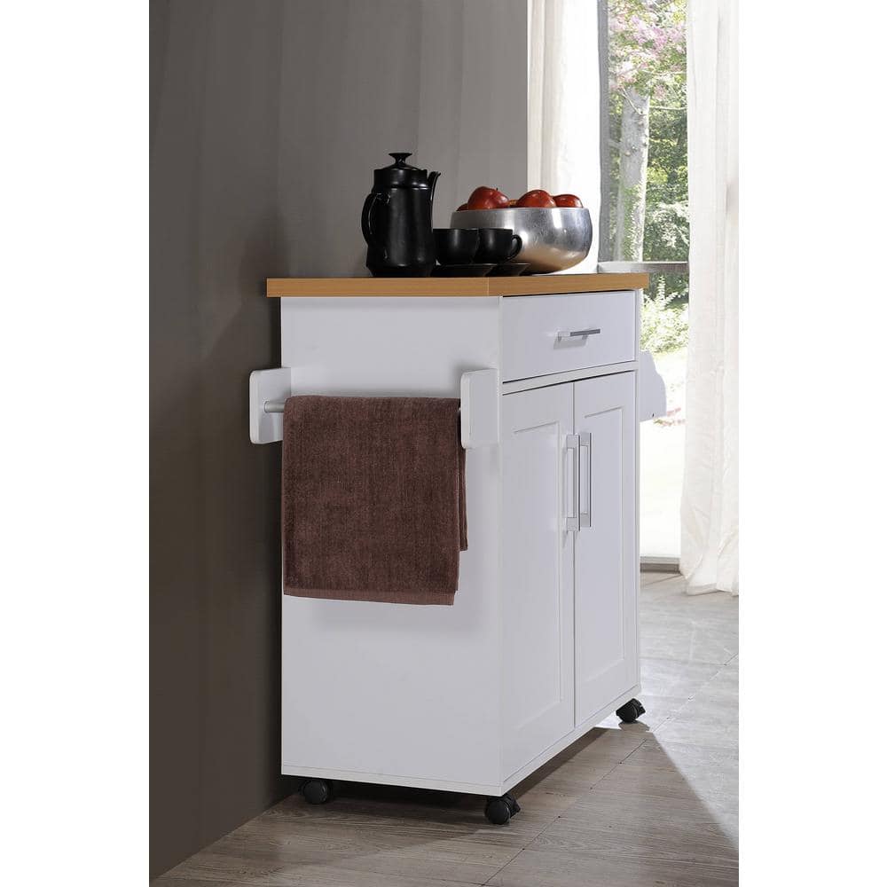 White Kitchen Island with Beech Top, Spice Rack, and Towel Rack