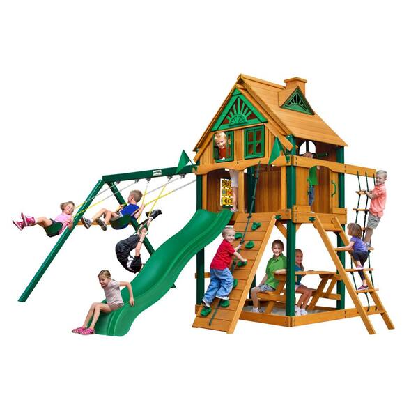 Gorilla Playsets Chateau Treehouse Wooden Swing Set with Fort Add-On, Timber ShieldPosts, and Rock Climbing Wall