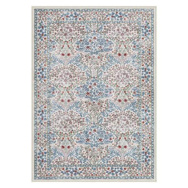 Boho Floral Botanical Washable Non Slip Beige 5 ft. x 7 ft. Area Rug