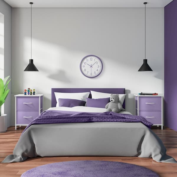 Sorbus Purple, 2 Drawers, 11.8 in. W Nightstand, Set of 2 Kids Bedside Furniture End Table, Steel Frame, Wood Top & Fabric Bins