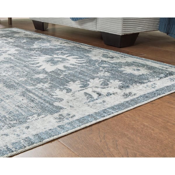 Avanworths 5 ft. x 7 ft. Blue/White Botanical Washable Area Rug