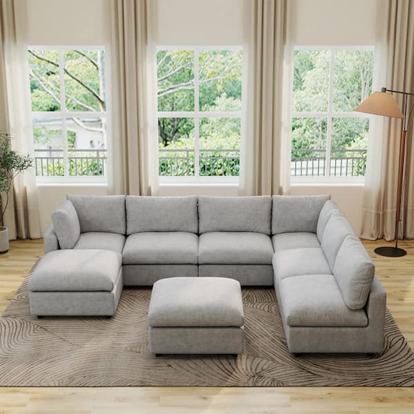 Oversized 134 in. Square Arm 8-Piece Chenille Modular Sectional Sofa with 2-Chaise Ottomans, Detachable Coves in. Gray