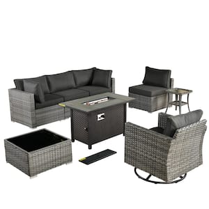 Sanibel Gray 8-Piece Wicker Outdoor Patio Conversation Sofa Sectional Set with a Metal Fire Pit and Black Cushions