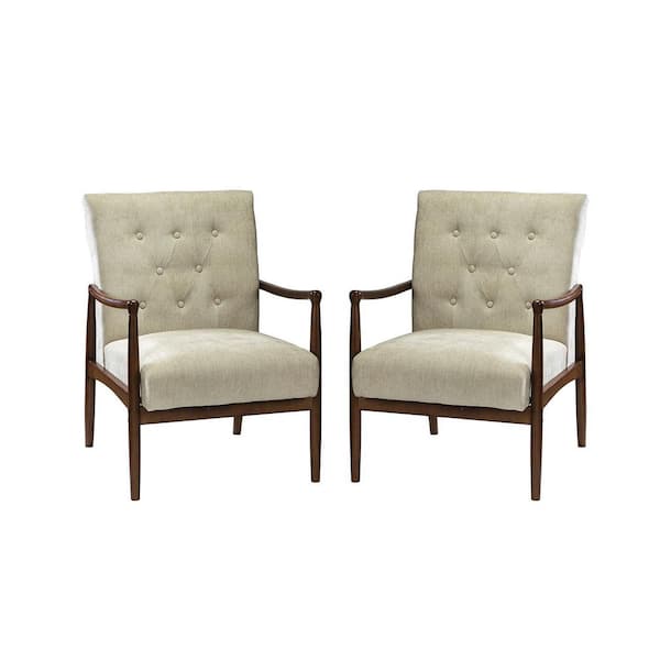 JAYDEN CREATION Leon Tan Mid-Century Modern Wood Frame Upholstered Comfy Accent Armchair with Button Tufted for Livingroom(Set of 2)