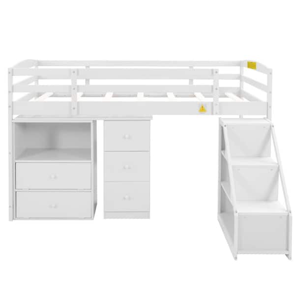 Angel Sar White Twin Size Loft Bed with Movable Built-in Desk and and Staircase