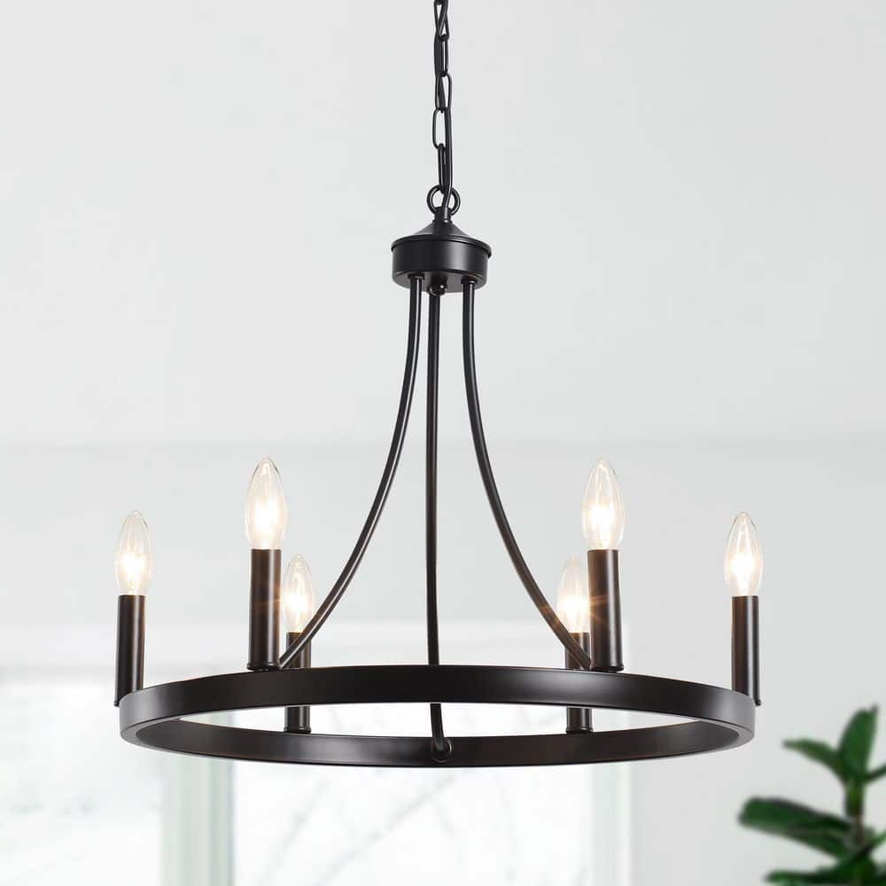 ADSENSTY 6-Light Black Farmhouse Wagon Wheel Chandelier Rustic Dining Room Pendant Light HD3-6-B-D0030