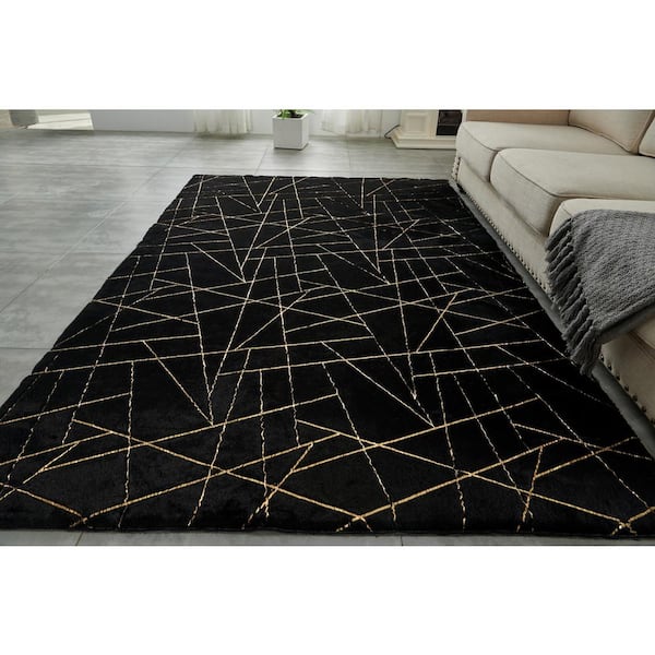Lily Luxury Chinchilla Faux Fur 4'x6' Black/Gold Abstract Rectangular Area Rug