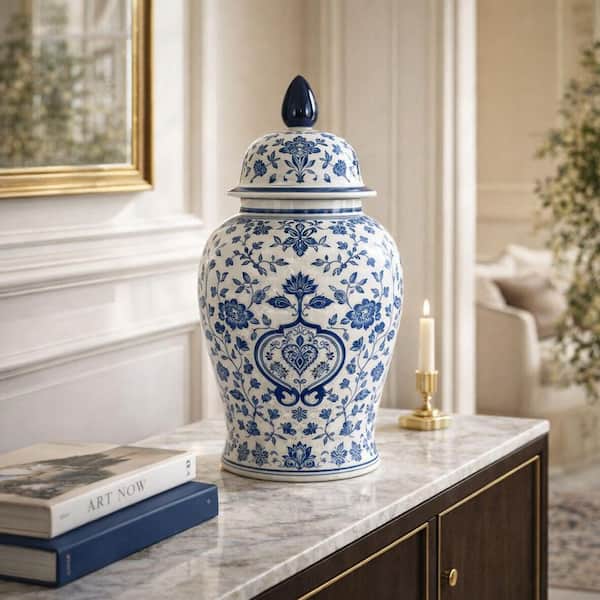 18 in. White and Blue Ceramic Temple Jar