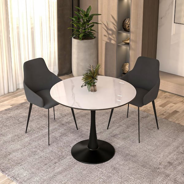 Round White Sintered Stone 35.46 in. Tabletop with a Black Steel Pedestal Base Dining Table Seats 4