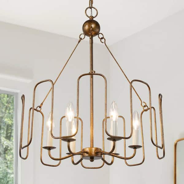 6-Light Antique Gold Chandelier for Dining Room, Modern Farmhouse Bedroom Ceiling Chandelier Light Fixture