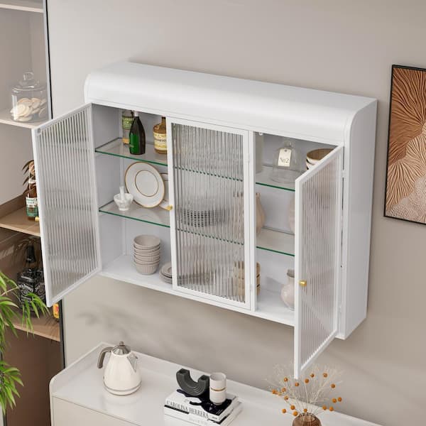 35.45 in. W x 7.87 in. D x 27.55 in. H Bathroom Storage Wall Cabinet in White, Metal Glass Cabinets