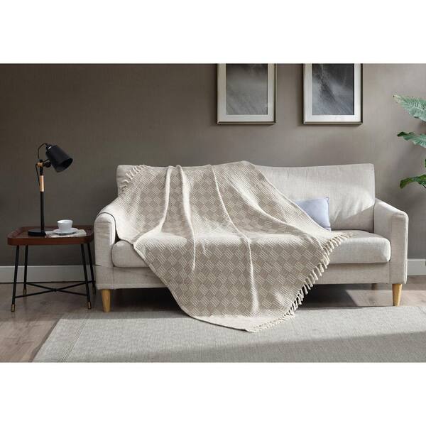 Unbranded 50 in. x 60 in. Cotton Blend Taupe Checked Throw Blanket