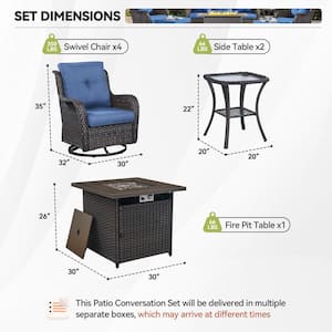 7-Piece Brown Wicker Fire Pit Conversation Set with Olefin Blue Cushions and 4 Swivel Glider Chairs and Side Tables