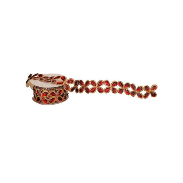2.5 in. x 5Y Red Jewel Floret Trim Christmas Ribbon
