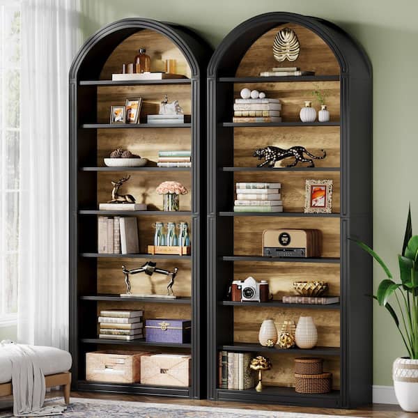 Eulas 79.53 in. Tall Brown and Black Wood 8-Shelf Etagere Bookcase with Semi-Circular Top Design
