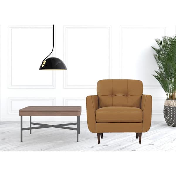 HomeRoots Charlie Camel Leather Leather Arm Chair with Removable and Tufted Cushions