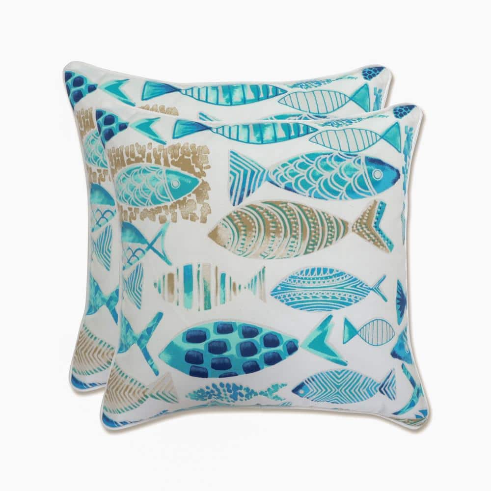 Blue and White Nautical Fish Outdoor Throw Pillow Set