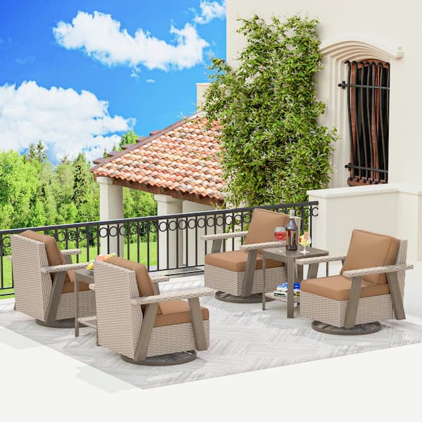 MeetLeisure 6-Piece Wicker 4-seat Outdoor Patio Conversation Set with Tan Cushions, 4 Swivel Chairs, and 2 Side Table