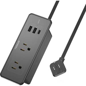 5 ft. Ultra-Thin Flat Plug Recessed Power Strip Surge Protector with 4-Outlets, 2 USB-A, 1 USB-C Ports in Black