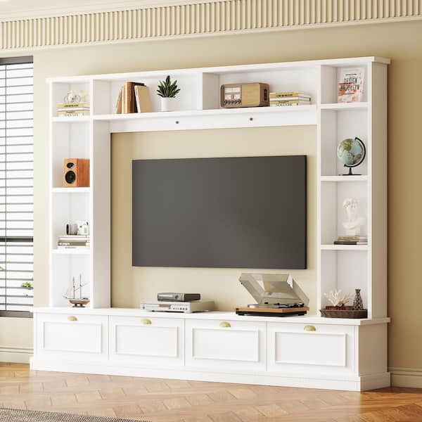 Unbranded White 4-in-1 Large Wall Unit Entertainment Center TV Stand with Cabinets and Open Shelves Fits TVs up to 78 in.