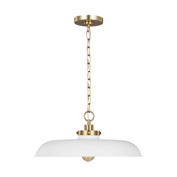 Generation Lighting Wellfleet 20 in. W x 8.625 in. H 1-Light Matte White/Burnished Brass Medium Wide Pendant Light, No Bulbs Included