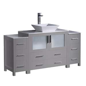 Torino 60 in. Bath Vanity in Gray with Glass Stone Vanity Top in White with White Vessel Sink, Side Cabinets