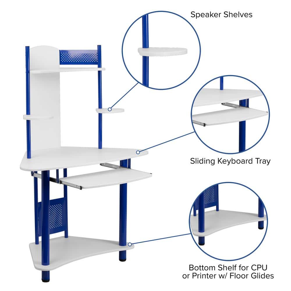 Compact Blue and White Corner Computer Desk with Integrated Hutch
