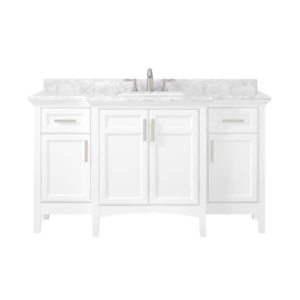 Sassy 60 in. Single Sink Freestanding White Bath Vanity with Carrara Marble Top (Assembled)