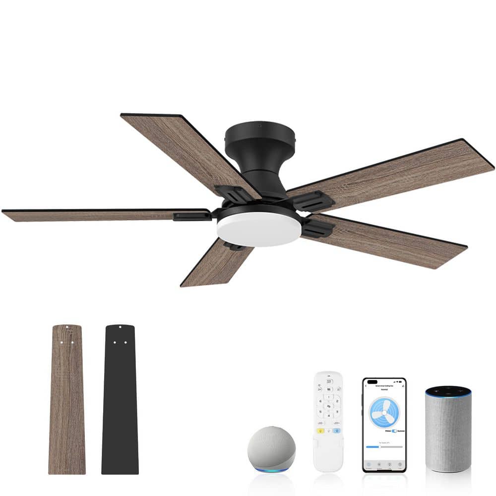 52 in. Black 5 Blades Flush Mount Ceiling Fan with LED Lights, Remote, Voice Control Via Alexa Included price history on PriceWatchPro