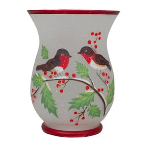 8 in. White Hand Painted Finches and Pine Flameless Glass Candle Holder