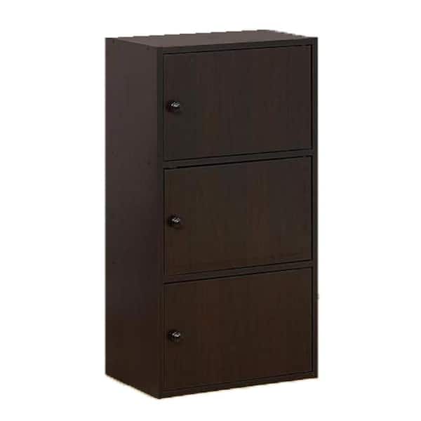 Benjara Tora Red Cocoa Brown and Black 34.0 in. H Storage Cabinet with Shelves