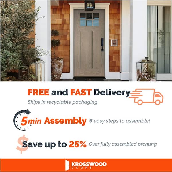 DIY 36in.x79in. Craftsman 6-Lite Clear Glass Left-Hand Leather Stain Fiberglass Front Door Kit w/ Quick Assemble Jamb