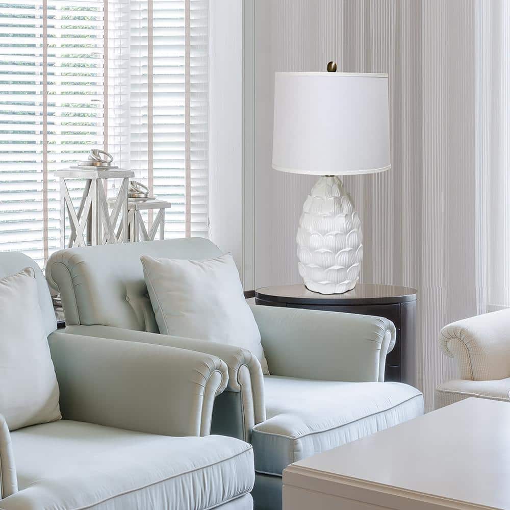 White Resin Table Lamp with Fabric Shade and 3-Way Switch