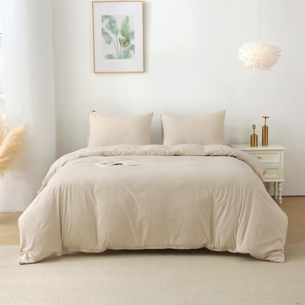 Karl home King Size 3-Pieces Polyester Duvet Cover Set Bedding Set Beige