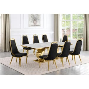 Ibraim 9-Piece Rectangle White Marble Top Gold Stainless Steel Dining Set with 8 Black Velvet Gold Chrome Iron Chair