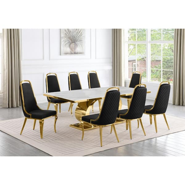 Best Quality Furniture Ibraim 9-Piece Rectangle White Marble Top Gold Stainless Steel Dining Set with 8 Black Velvet Gold Chrome Iron Chair
