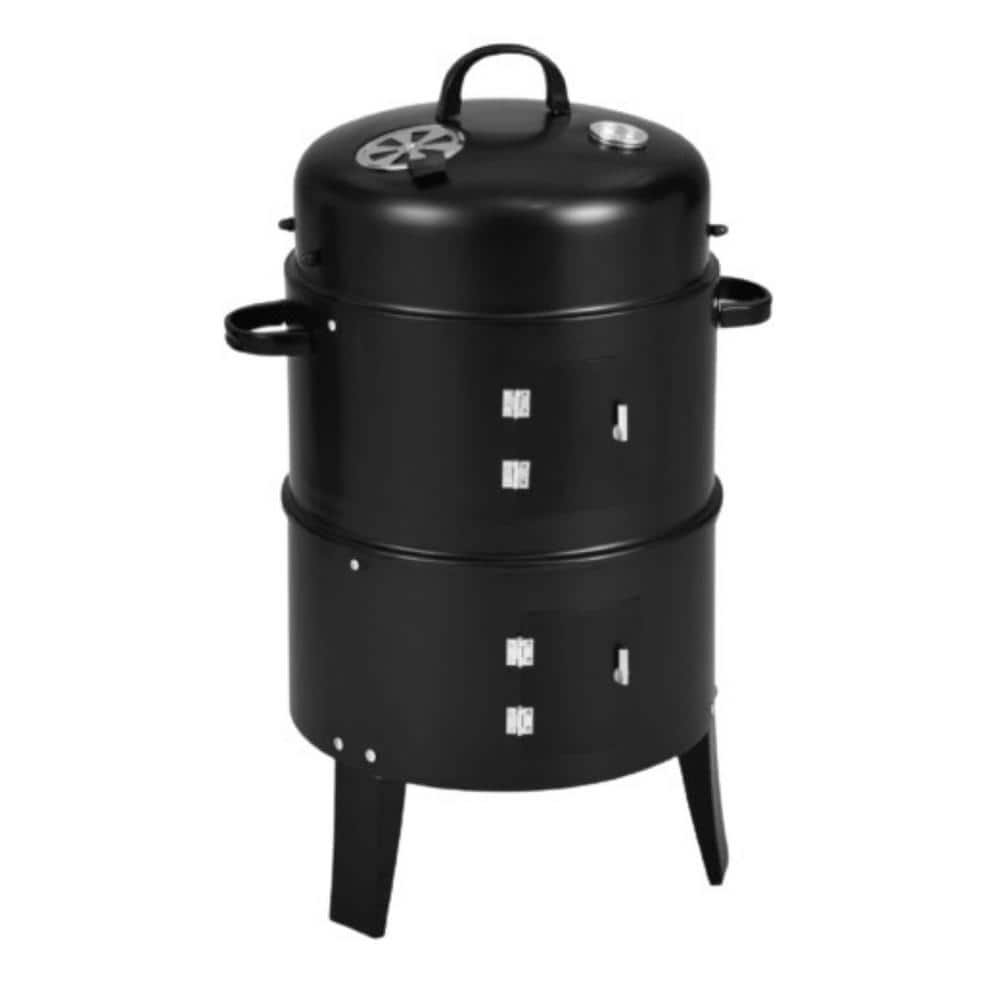 Portable Charcoal/Wood Grill in Black Finish 3-in-1 Charcoal BBQ Grill Combo with Built-In Thermometer