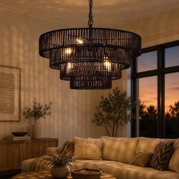 YANSUN 20 in. Bohemian 6-Light Black Rattan Chandelier, Vintage
