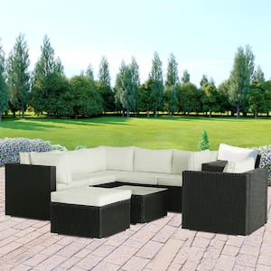 8-Piece Modern Rattan Wicker Garden Outdoor Sectional Set with White Cushions and Glass Table for Patio, Garden, Deck