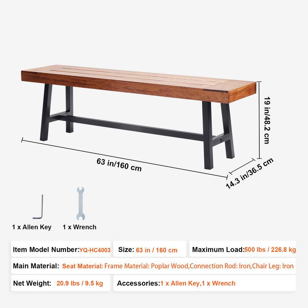 63-Inch Brown Wood and Black Metal Outdoor Bench