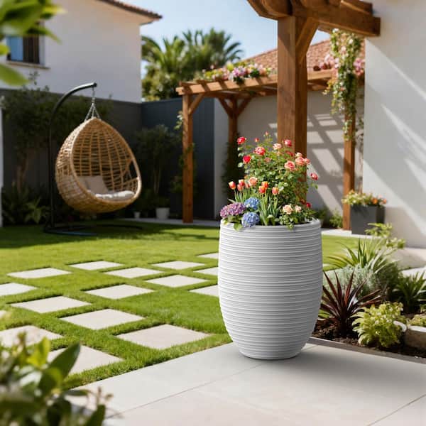 17in.W x 22in.H Concrete Flower Planter with Enhanced Interior Tall Round Plant Pots with Drainage Hole, Pearl White