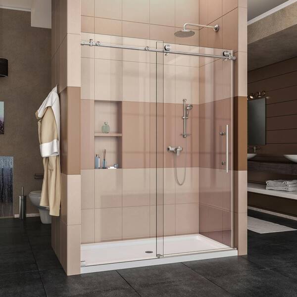 DreamLine Enigma-X 30 in. x 60 in. x 78.75 in. Sliding Shower Door in Brushed Stainless Steel with Left Drain White Acrylic Base